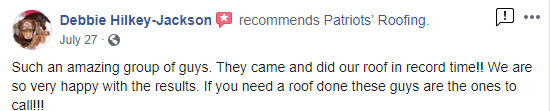 image shows Patriots' Roofing Facebook review