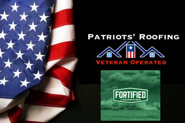 image shows Patriots' Roofing logo with Fortified Home Roof banner